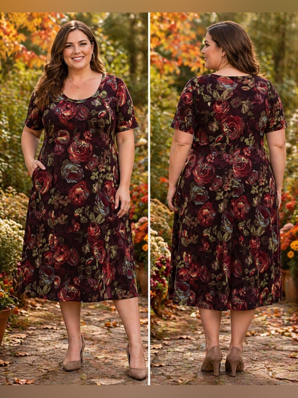 Karen Kane Burgundy Floral Midi Dress 1X